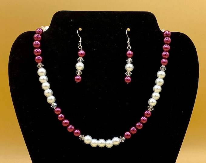 Cranberry and White Glass Pearl & Crystal Necklace and Earring Set Plus Size Magnet or Toggle
