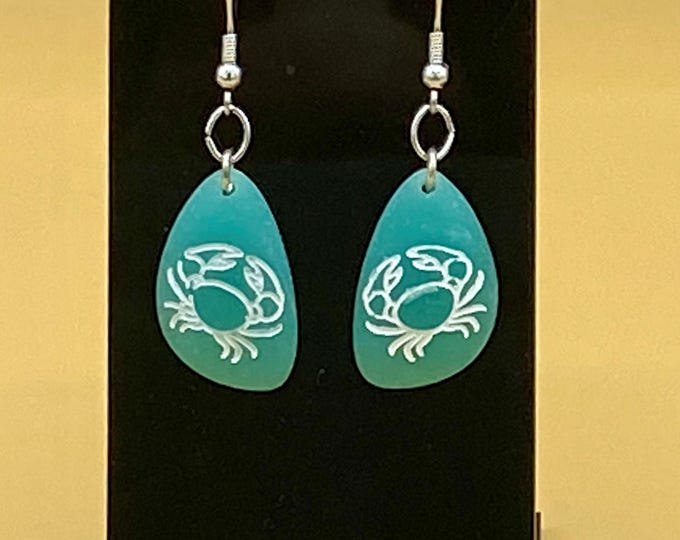 Aqua Etched Crab Sea Glass Earrings Stainless Hook