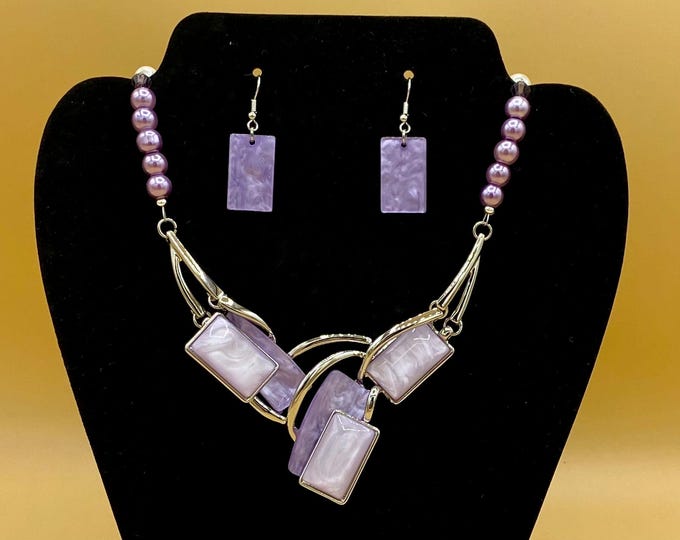 Purple Glass Rectangles Bib Statement Necklace and Earring Set Optional Matching Bracelet