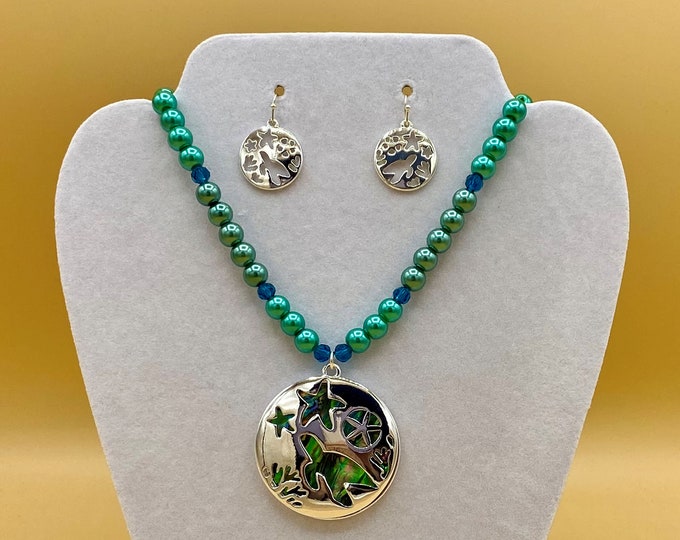 Colorful Abalone Sea Life Beach Tropical Necklace and Earring Set Includes Matching Magnetic Bracelet