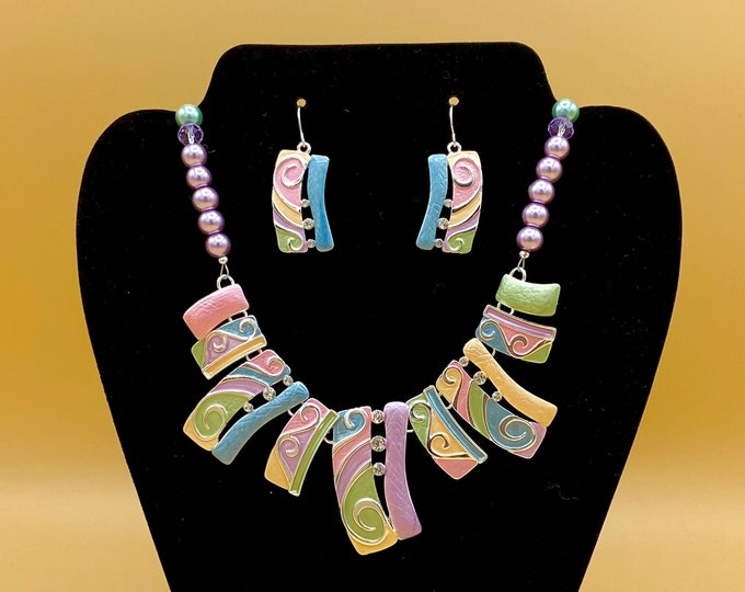 Colorful Art Deco Style Bib Statement Necklace and Earring Set Optional Matching Magnetic Bracelet