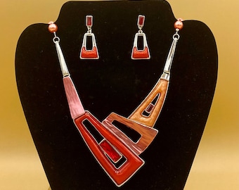 Red Geometric Bib Necklace, Bracelet & Earring Set: Glass Pearl Statement Jewelry