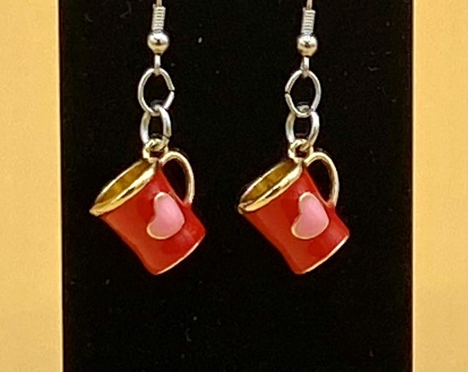 Red Coffee Mug 3D Earrings Stainless Hook