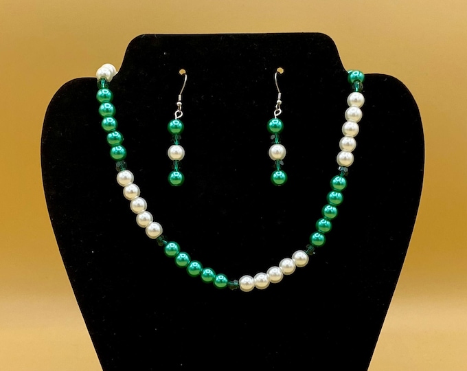 Sea Green and White Glass Pearl & Crystal Necklace and Earring Set Plus Size Magnet or Toggle
