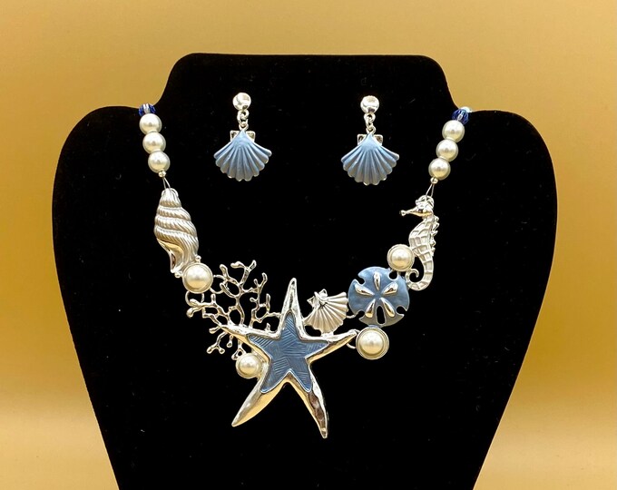 Blue Starfish Bib Statement Necklace and Earring Set Chunky Jewelry Toggle Glass Pearls Optional Matching Bracelet