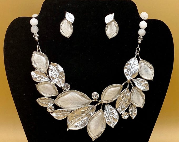 White Glass & Enamel Leaf Bib Necklace Earring Set - Plus Size Bracelet Option