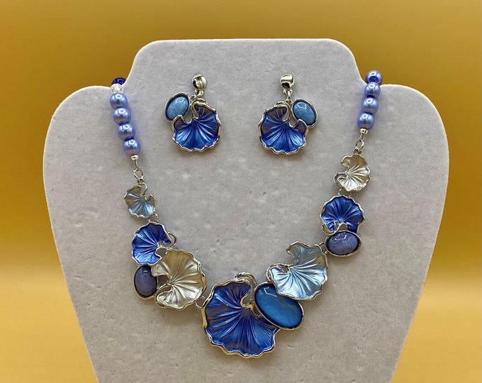 Blue Enamel Lotus Flower Necklace, Earring & Bracelet Set - Plus Size