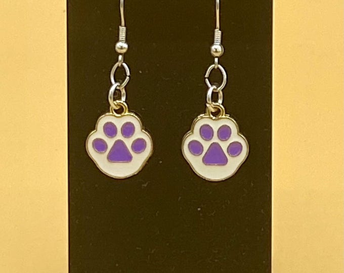 Purple Cat Dog Paw Earrings Stainless Hook