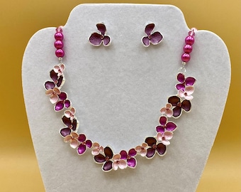 Pink Flower Petals and Crystals Bib Necklace & Earring Set with Matching Bracelet