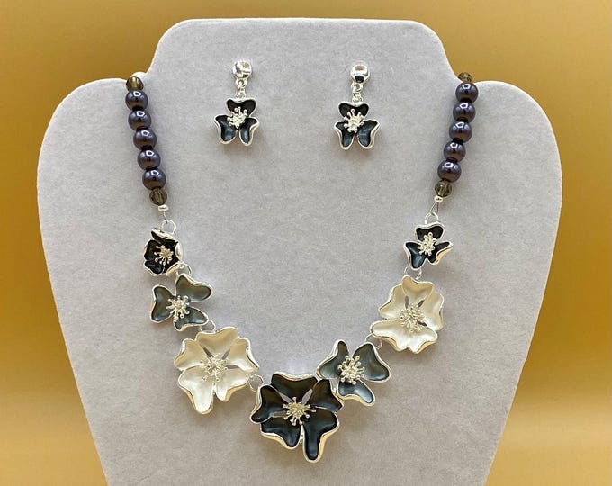 Black and Gray Flowers and Crystals Bib Necklace & Earring Set with Optional Matching Bracelet