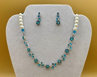 Aqua Blue Crystal Flower Bib Statement Necklace & Earring Set with Matching Bracelet