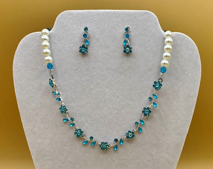 Aqua Blue Crystal Flower Bib Statement Necklace & Earring Set with Matching Bracelet