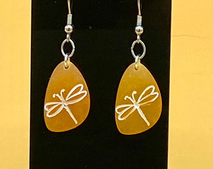 Orange Etched Dragonfly Sea Glass Earrings Stainless Hook