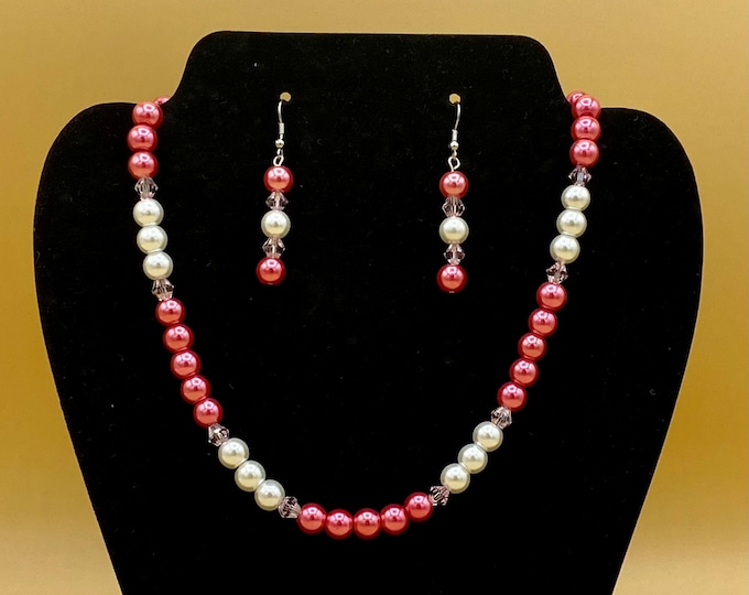 Bright Pink and White Glass Pearl & Crystal Necklace and Earring Set Plus Size Magnet or Toggle