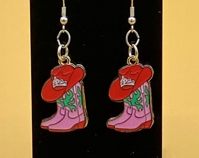 Pink Boots and Red Cowboy Hat Earrings Stainless Hook