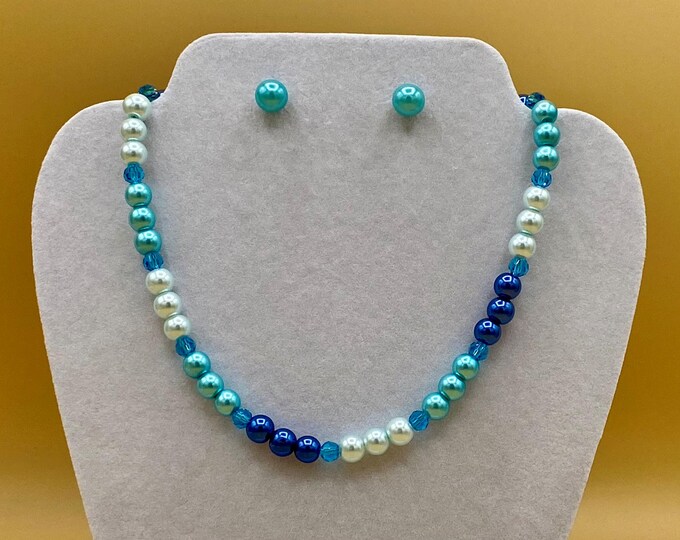 Blue Pearl and Crystal Necklace and Earring Set Plus Size Hand Beaded Toggle Magnet