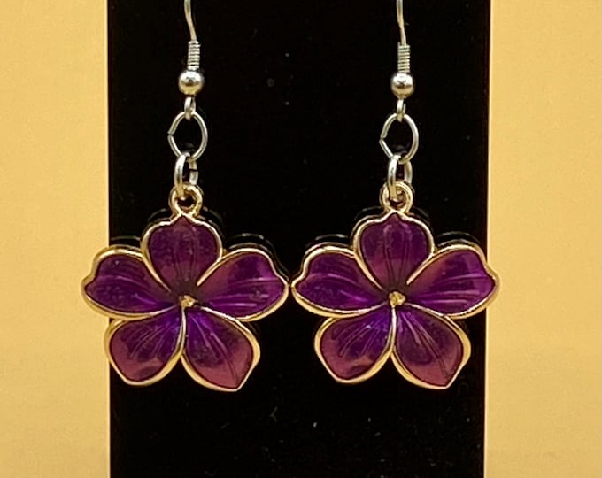 Colorful Enamel Flower Earrings Dangle Lightweight Purple
