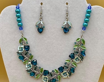 Blue Flowers and Crystals Bib Necklace & Earring Set with Matching Bracelet