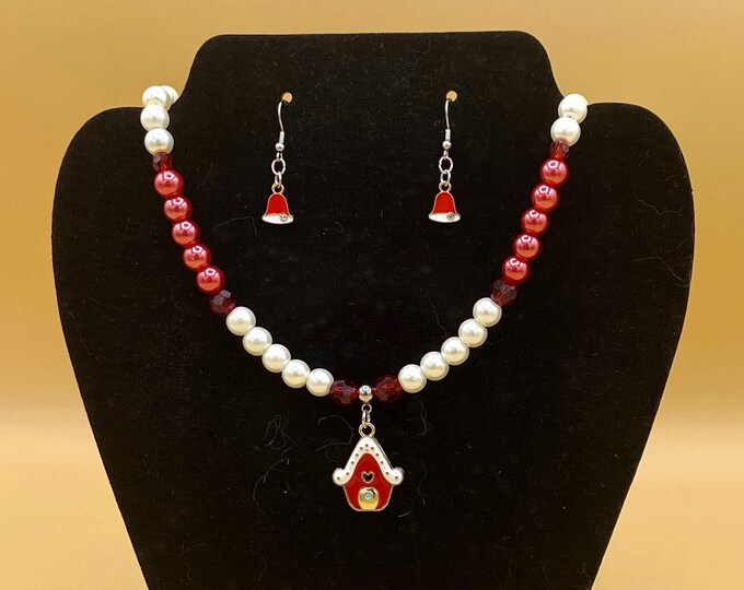 Christmas Birdhouse Necklace Bracelet Earring Set