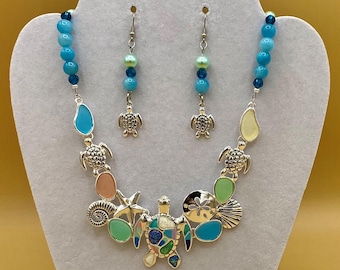 Colorful Sea Glass and Enamel Turtle Bib Necklace & Earring Set with Optional Matching Bracelet