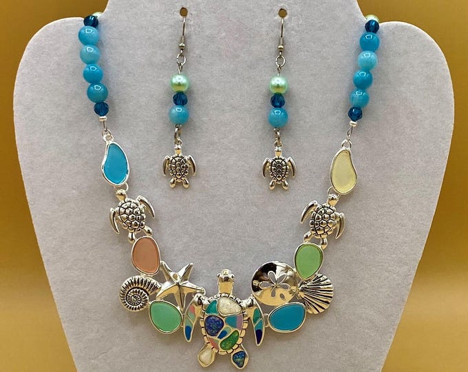 Colorful Sea Glass and Enamel Turtle Bib Necklace & Earring Set with Optional Matching Bracelet