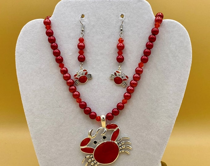 Red Epoxy Crab Beach Tropical Necklace and Earring Set Includes Matching Magnetic Bracelet