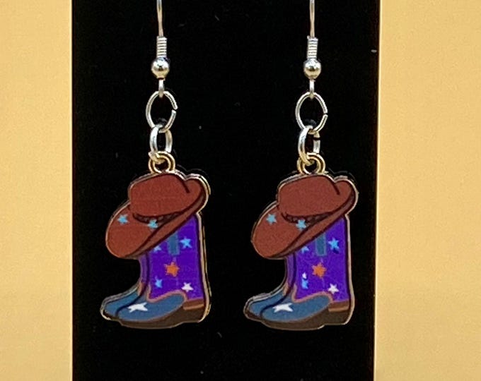 Purple Cowboy Hat & Boots Earrings Stainless Hook