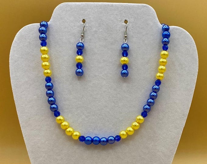 Royal Blue & Yellow Pearl Necklace and Earring Set Plus Size Beaded Crystal Glass Pearls Optional Matching Bracelet