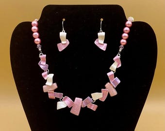 Pink Geometric Bib Necklace, Bracelet & Earring Set: Glass Pearl Crystal Jewelry