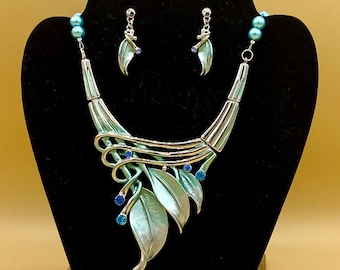 Teal 3 Leaf Statement Necklace and Earring Set Bib Chunky Toggle Glass Pearls Optional Matching Bracelet