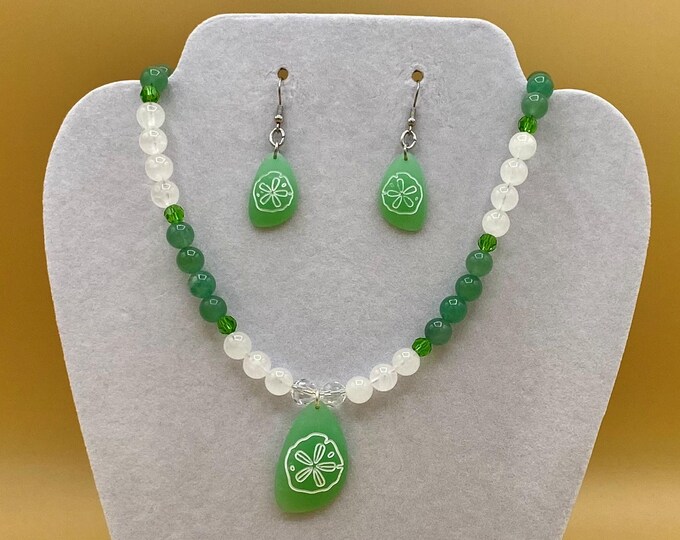 Green Sea Glass Sand Dollar Beach Tropical  Necklace and Earring Set Includes Matching Magnetic Bracelet