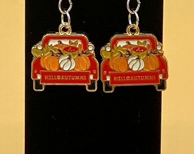 Red Pickup Truck with Pumpkins Earrings Stainless Steel