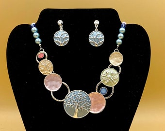 Colorful Tree of Life Bib Statement Necklace & Earring Set Plus Size Optional Matching Bracelet