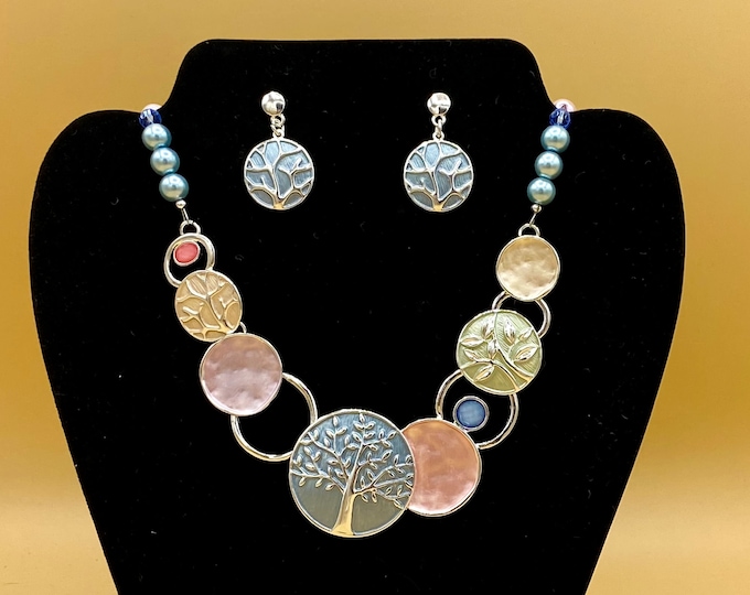 Colorful Tree of Life Bib Statement Necklace & Earring Set Plus Size Optional Matching Bracelet