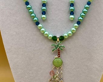 Palm Tree with Charms Necklace and Earring Set Includes Matching Magnetic Bracelet