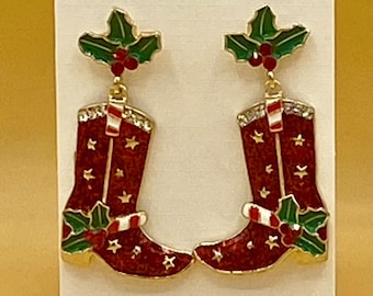 Red Glitter Christmas Cowgirl Boots Stainless Post Earrings