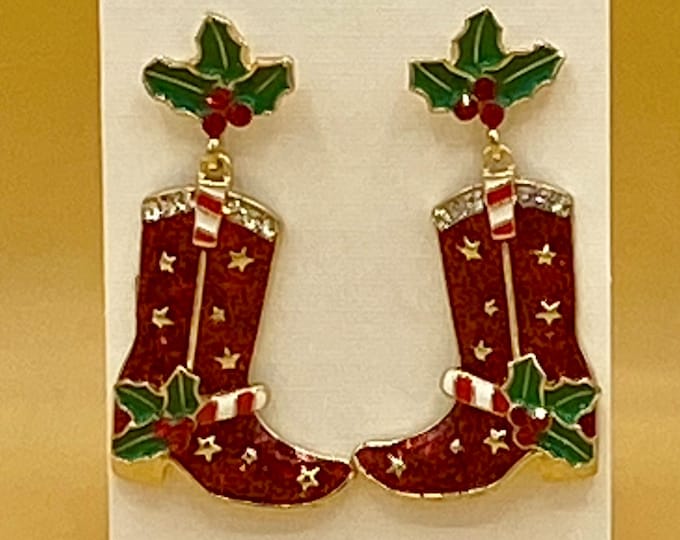 Red Glitter Christmas Cowgirl Boots Stainless Post Earrings