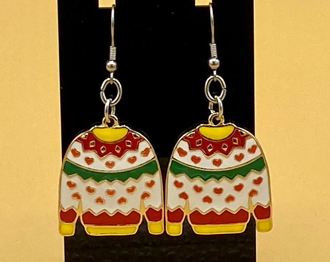 White Enamel Ugly Christmas Sweater Earrings Stainless Hook