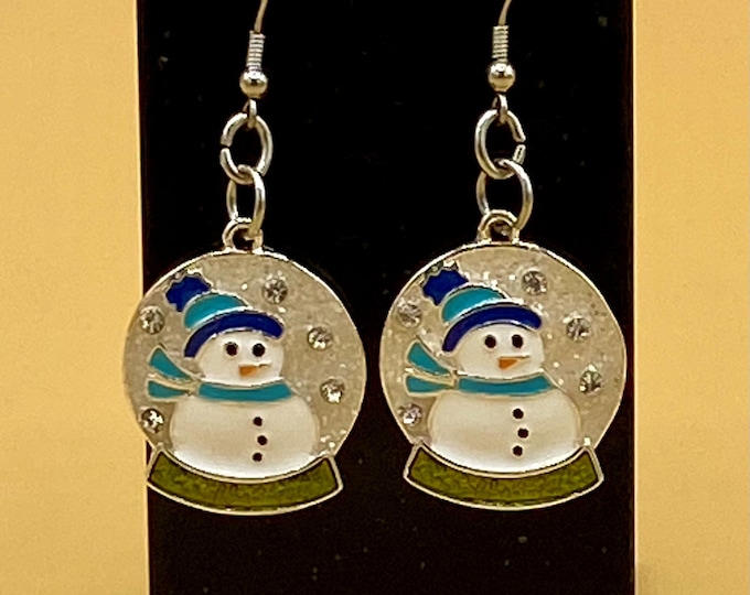 Enamel Christmas Snowman Snow Globe Earrings Stainless Hook