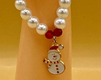 Snowman Christmas White Pearl Stretch Bracelet