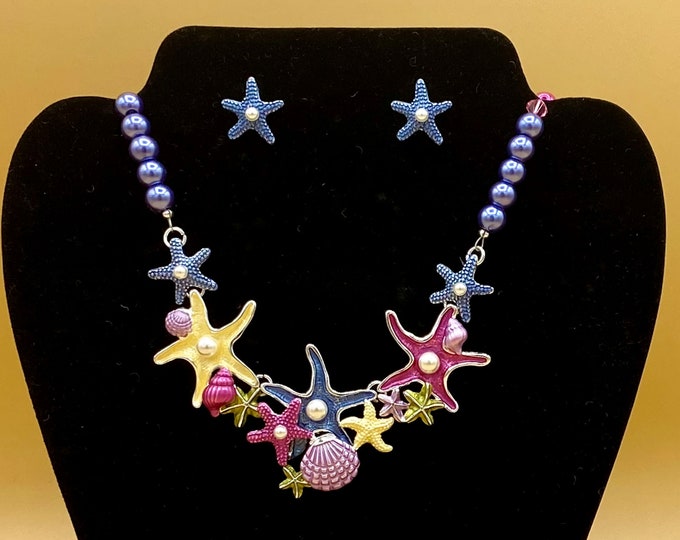 Colorful Starfish and Shells Bib Necklace & Earring Set with Optional Matching Bracelet