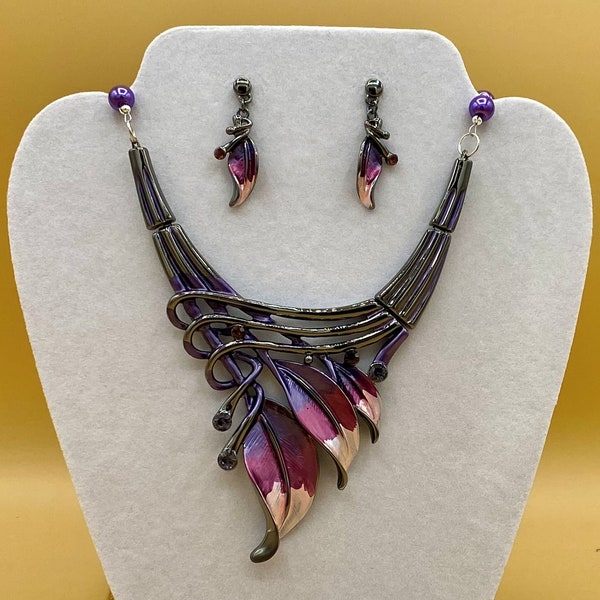 Purple 3 Leaf Statement Necklace and Earring Set Bib Optional Matching Bracelet