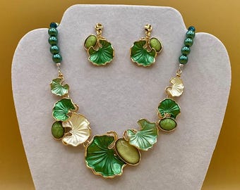 Green  Enamel Lotus Flower Bib Statement Necklace & Earring Set Plus Size Including Matching Stretch Bracelet
