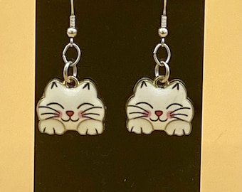 White Cat Earrings Stainless Hook