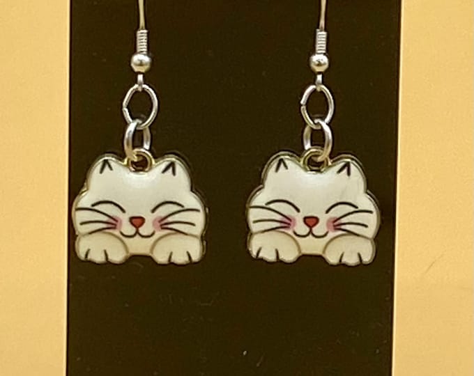 White Cat Earrings Stainless Hook
