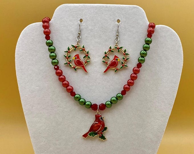 Christmas Cardinal Necklace and Earring Set Plus Size Including Matching Bracelet