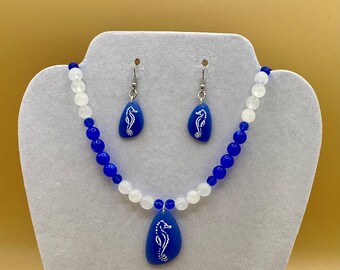 Blue Sea Glass Seahorse Beach Tropical  Necklace and Earring Set Includes Matching Magnetic Bracelet