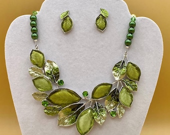 Colorful Green Glass and Enamel Toned Leaves Bib Statement Necklace & Earring Set Plus Size Optional Matching Bracelet
