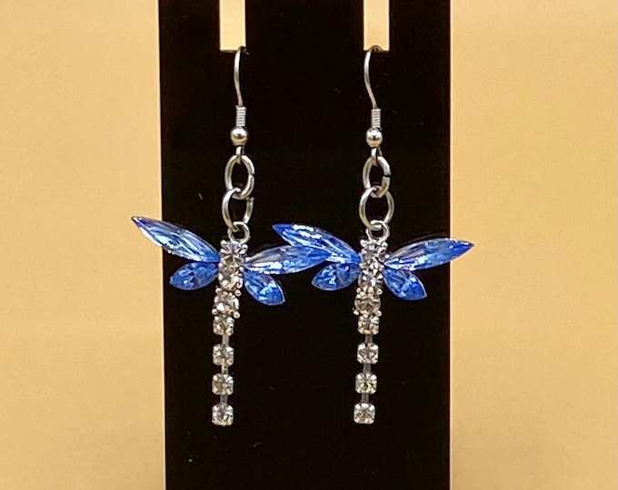 Crystal Blue White Dragonfly Earrings Stainless Hook