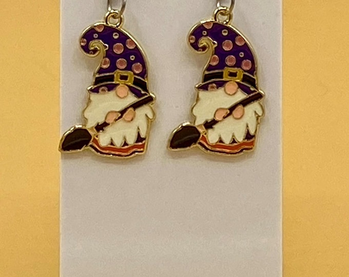 Gnome with Witch's Broom Earrings Halloween Stainless Steel Post